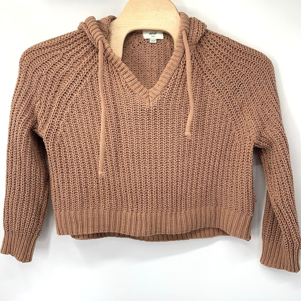 Aerie Sweater Hoodie Women XS Brown Shaker Stitch Cropped Oversized Pullover